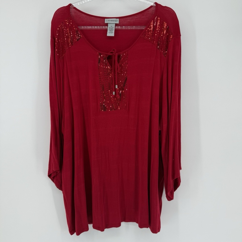 Catherines blouse 2X Red Sequin Tunic Top Womens Flowy Holiday Party‎ Career